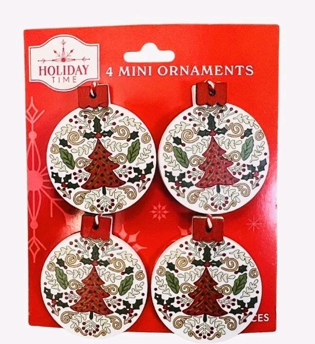Holiday Time Mini Wood Disc Ornaments 4pc Set, 2.5”, Rustic Christmas Tree Decor
