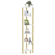 6 Tier Corner Shelf, 66.5'' Tall Standing Shelf, Narrow Display Gold and White