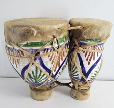 Moroccan Mini Bongos Hand Painted Ceramic Folk Art Drums w/ Rawhide Heads 5.75"
