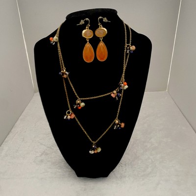 Loft Jewelry Set Necklace and Earrings Gold Toned Multi-colored Beads Teardrop