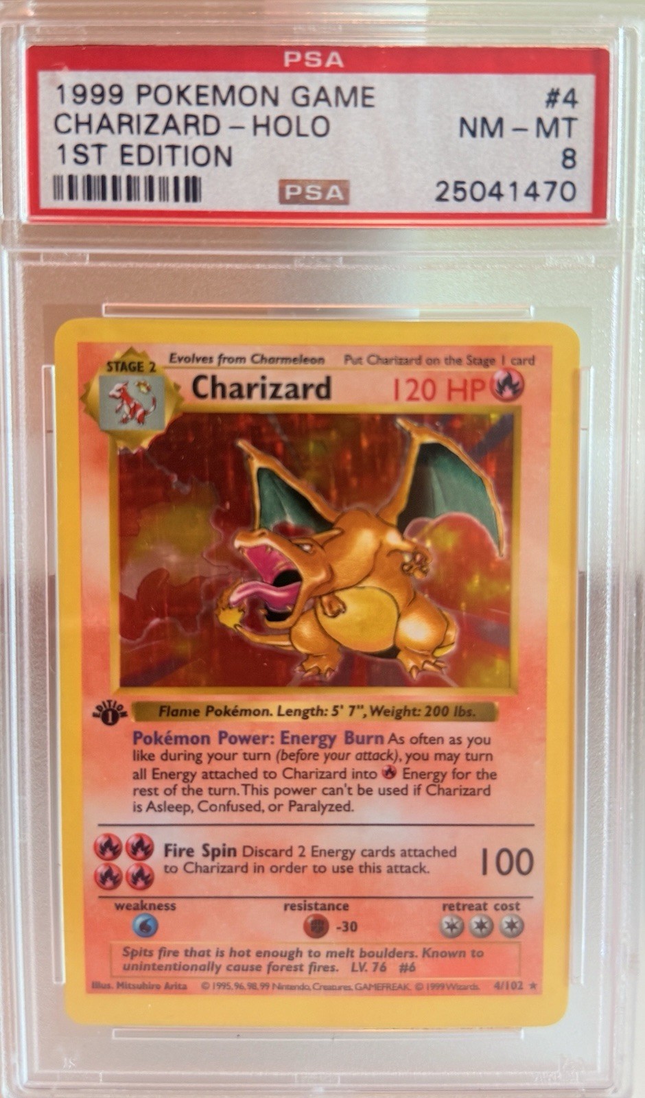 1999 Pokemon Charizard 1st Edition Shadowless Holo PSA 8 #4/102 English