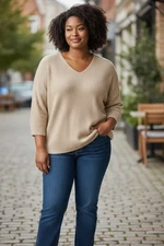 Ava & Viv Womens Beige Ribbed V-Neck Knit Winter Sweater Stretchy Plus Size 2X