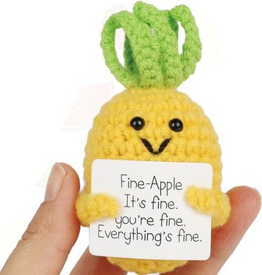 Mini Funny Positive Pineapple, 3 inch Knitted Wool Doll with Positive Card