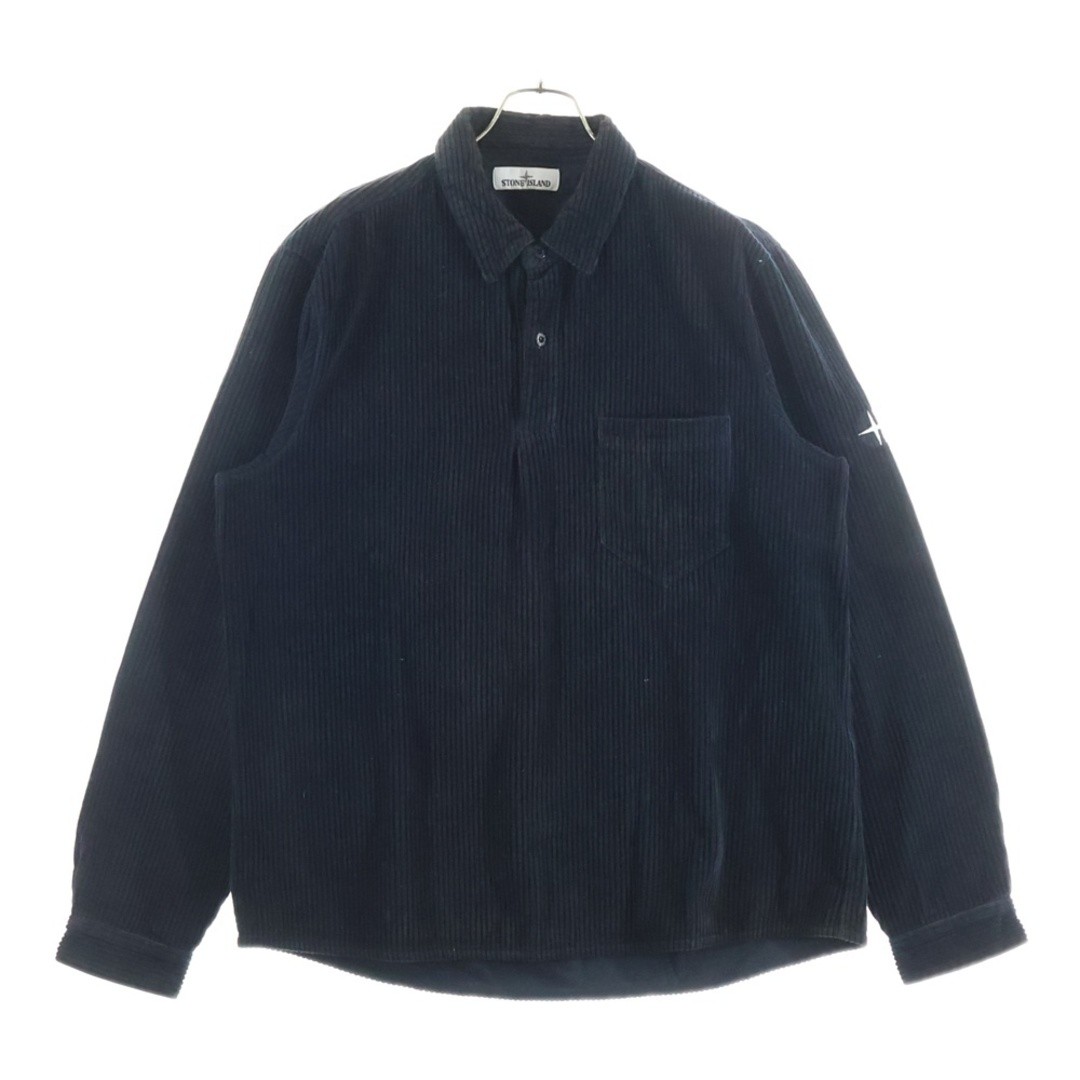 STONE ISLAND Corduroy Shirt Half Button Logo Embroidered Long Sleeve Black Used