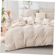 Beige Duvet Cover Queen Size, Ultra Soft 3-Piece Seersucker Duvet Cover Set
