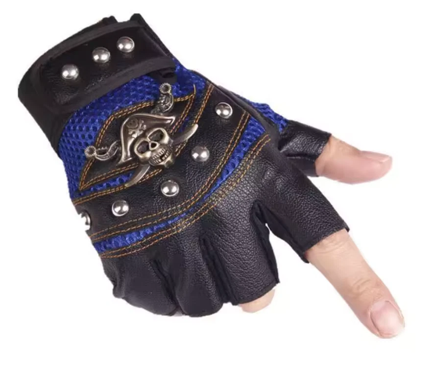 Pirate Skull Rivet Gloves  Rocker Half Finger Motorcycle Driving Caribbean (#40) - Image 3 of 4