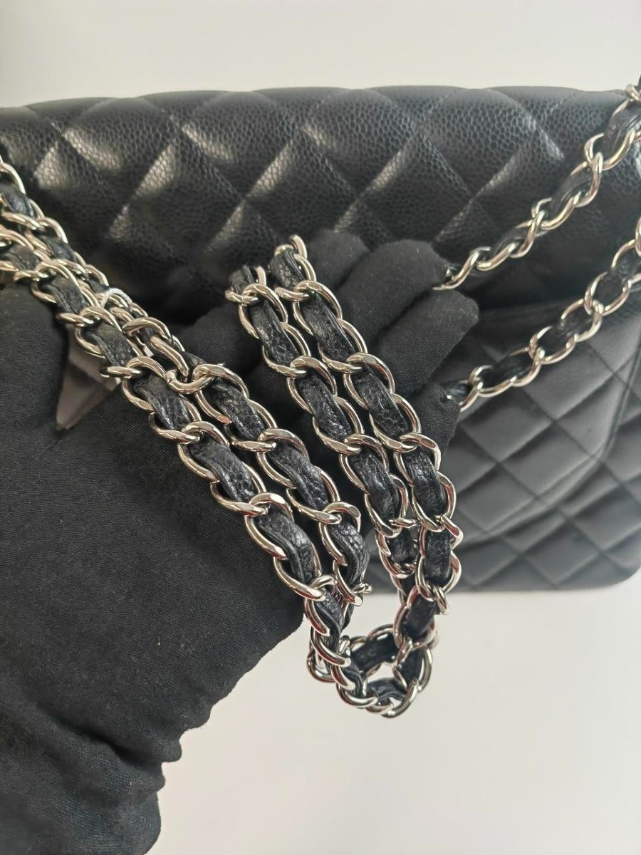 CHANNELレザーカチューシャシルバー ブラック SJ0001 CHANEL Classic Flap Jumbo Single Flap (Black Caviar, Silver