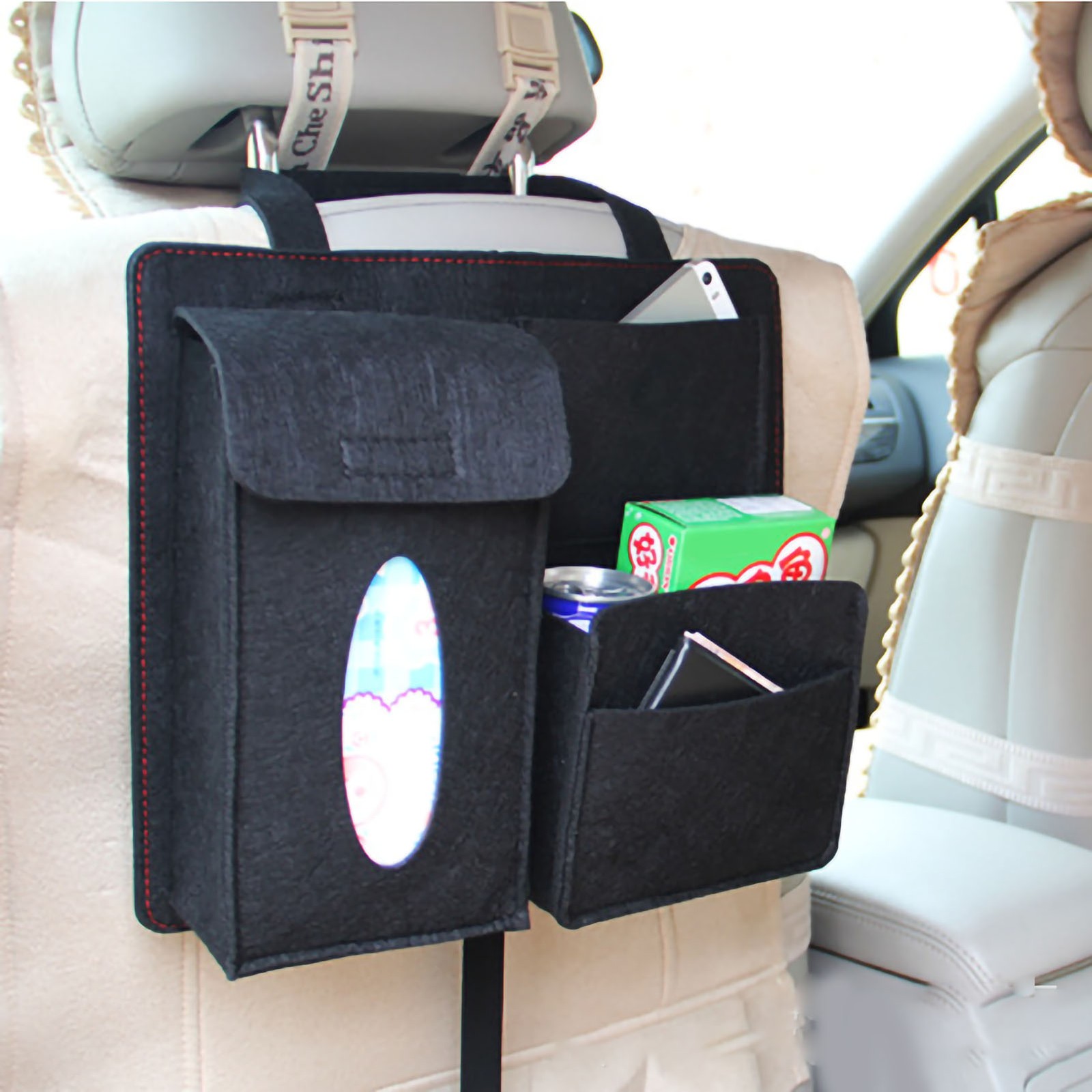 Car Rear Seat Hanging Bag Multifunction Storage Organizer Hook And Loop