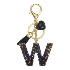 Alphabet Initial Letter Keychain Cute Charm with Tassel Heart Letter W Black