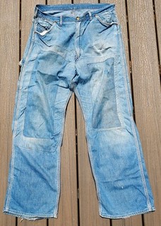 VINTAGE 50s SANFORIZED CARPENTER DENIM JEANS WORKWEAR FARM DISTRESSED PATCHED