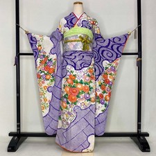 Furisode 5-piece set Japanese Kimono Blue Classic floral Free shipping S-178