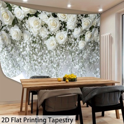 1pc 2D Flat Extra Large Wedding Floral Tapestry - White Roses in Bloom - HD Digi