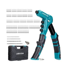 One-Handed Rivet Gun Set - w/ 200 Rivets, 4 Drill Bits, 4 Heads, Storage Case