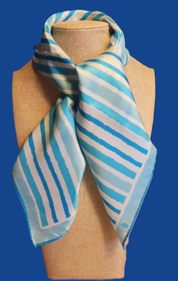 Vera Neumann square scarf. White, blue; Stripes; 25 x 26 in. Polyester