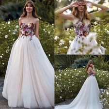 Boho A-Line Wedding Dress Strapless Sleeveless Lace Colorful Floral Bridal Gowns