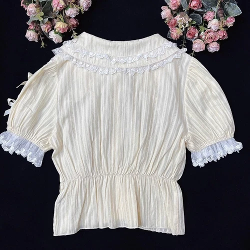 Women Cute Blouse Shirt Top Puff Short Sleeve Bow Lace Button Sweet Retro Shirt - Picture 9 of 25