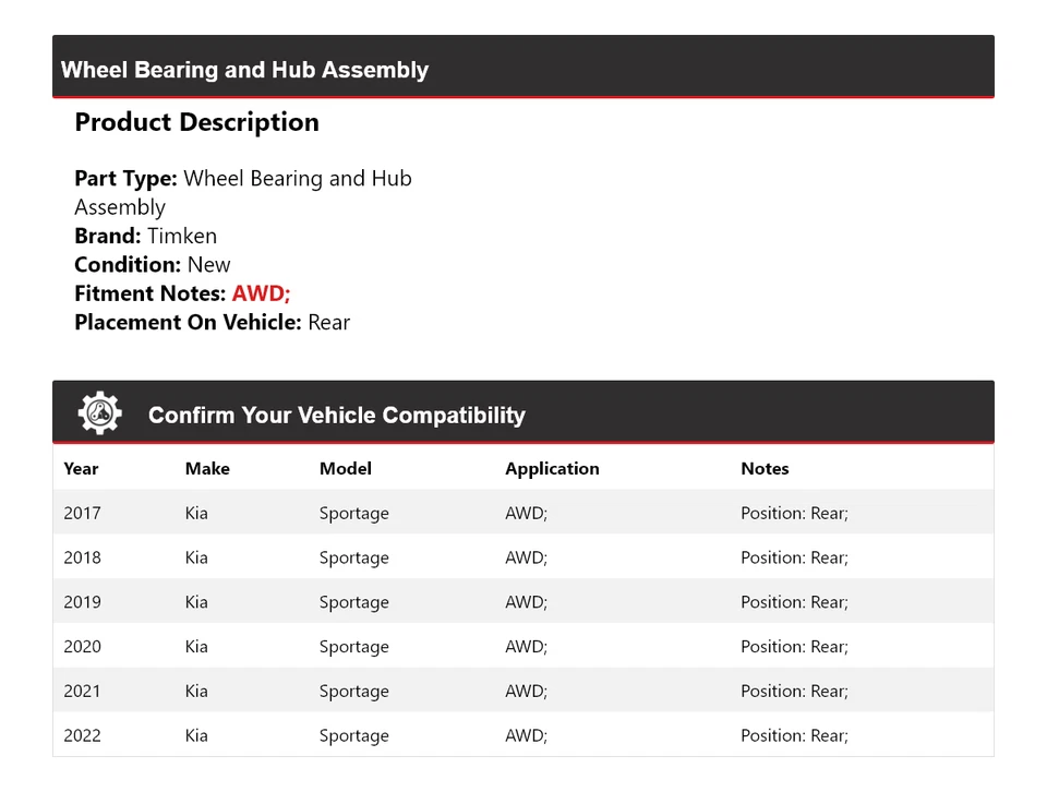 For 2017-2022 Kia Sportage AWD Wheel Bearing and Hub Assembly Rear Timken 2018 - Image 2 of 4