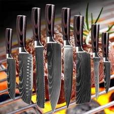 8 Pcs kitchen Knives Laser Damascus Pattern Pro Sharp Chef Knife Gift Box Kit US