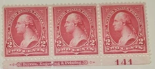 US Stamps Scott #267 2 cent, Washington, Carmine, Bot P#S VF, OG