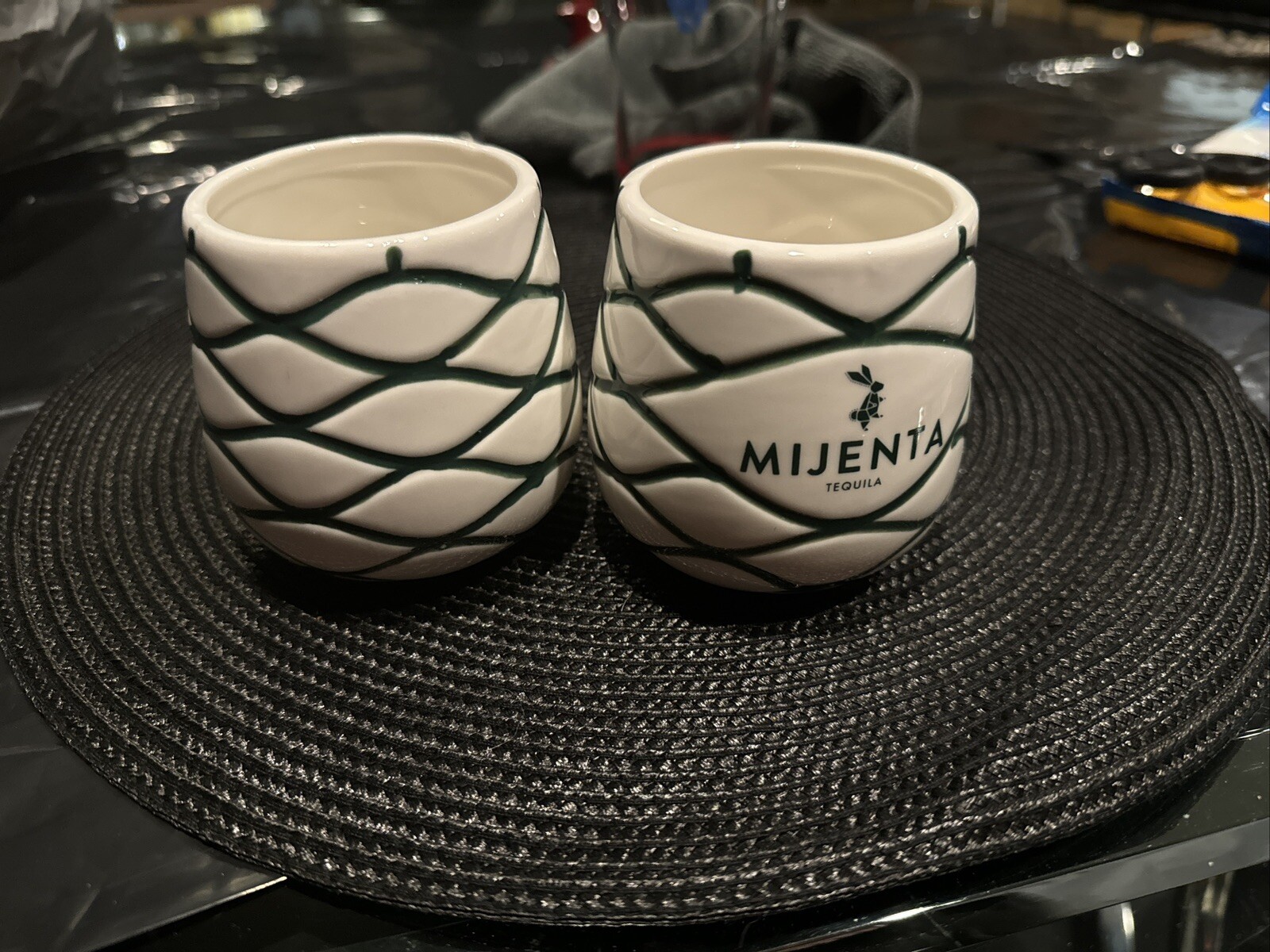 Tequila Ceramic Cups Green White Design Barware ~ Set of 2 Mijenta