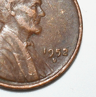 1952 Penny D Over S RPM, Filled Date, BI, DDR, Wounded, Wheat
