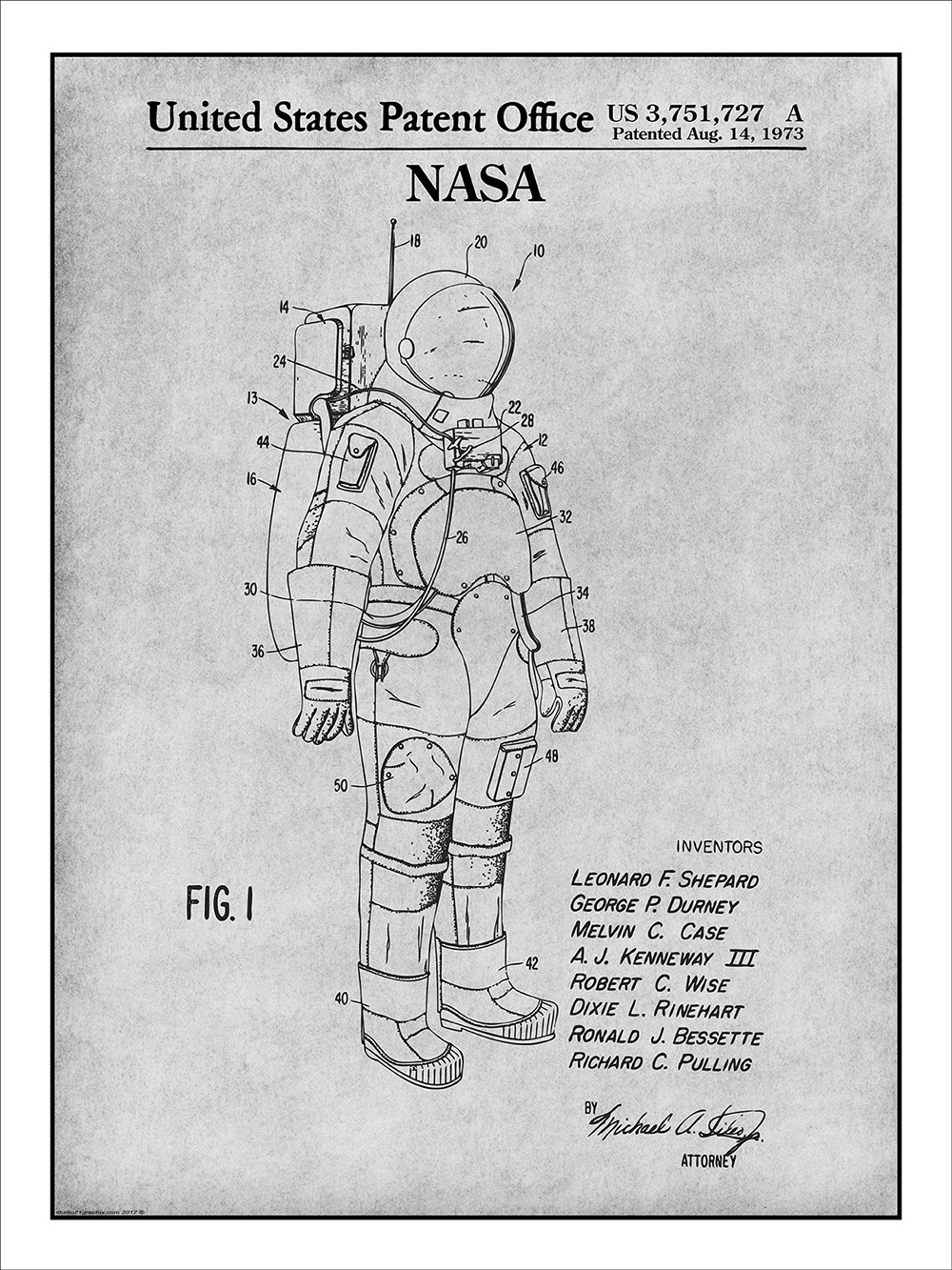 1973 NASA Apollo Space Suit Patent Print Art Drawing Poster