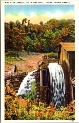 #ad Old Water Wheel during Indian Summer Asheville Card Co. VTG Linen Postcard A32 $1.50
