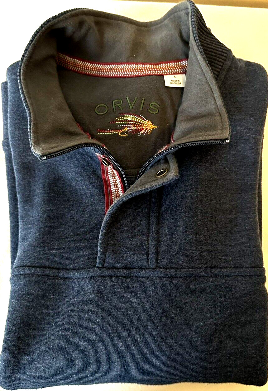 Orvis Sweatshirt Men's Large Blue Quarter Zip Mock Neck Outdoor Pullover Nice!