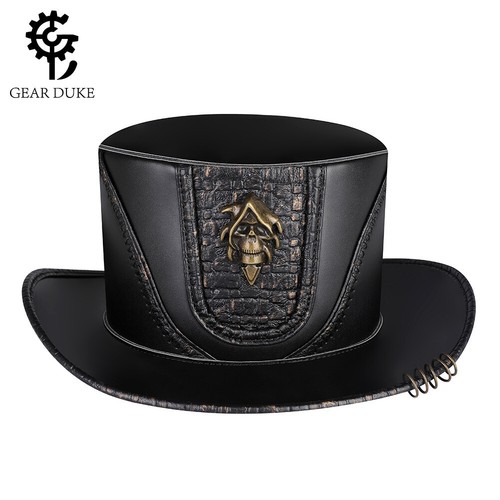 Black Leather Steampunk Top Hat Handmade Gothic Victorian