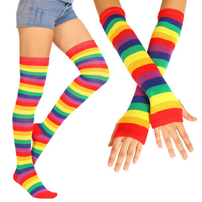 Women Girls Rainbow Striped Knee Thigh High Socks Arm Warmer