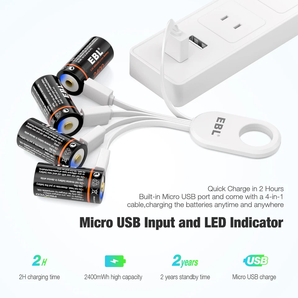 EBL 3V CR123 16340 USB Rechargeable Li-ion Batteries w/ Charger for Camera Lot - Image 3 of 4