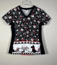 White Cross Christmas Scottie Dogs Scrub Top Womens XS Black Red Pockets Nursing