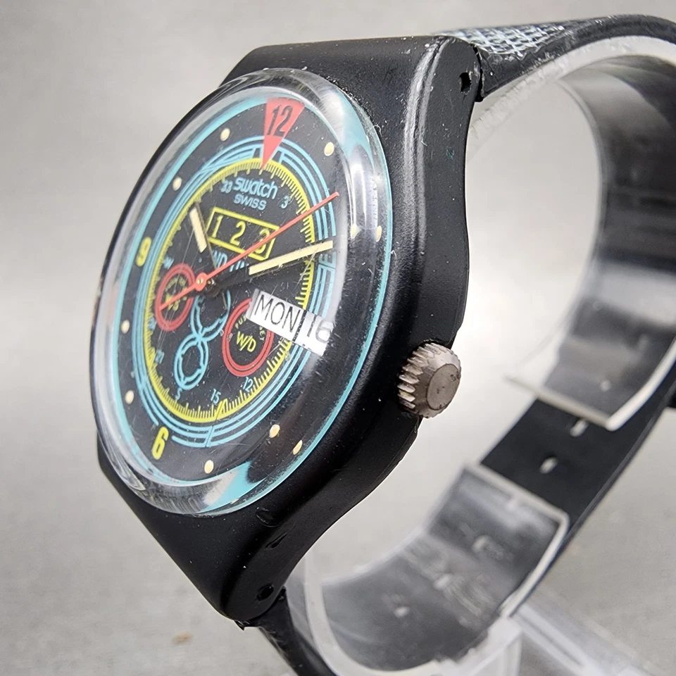 Swatch Navigator Watch Men 34mm Black Dial Black Tone Daydate Round New Battery - Image 3 of 4