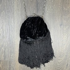 Vintage Black Velvet Evening Bag Metal Frame Chain embellishments Tassel