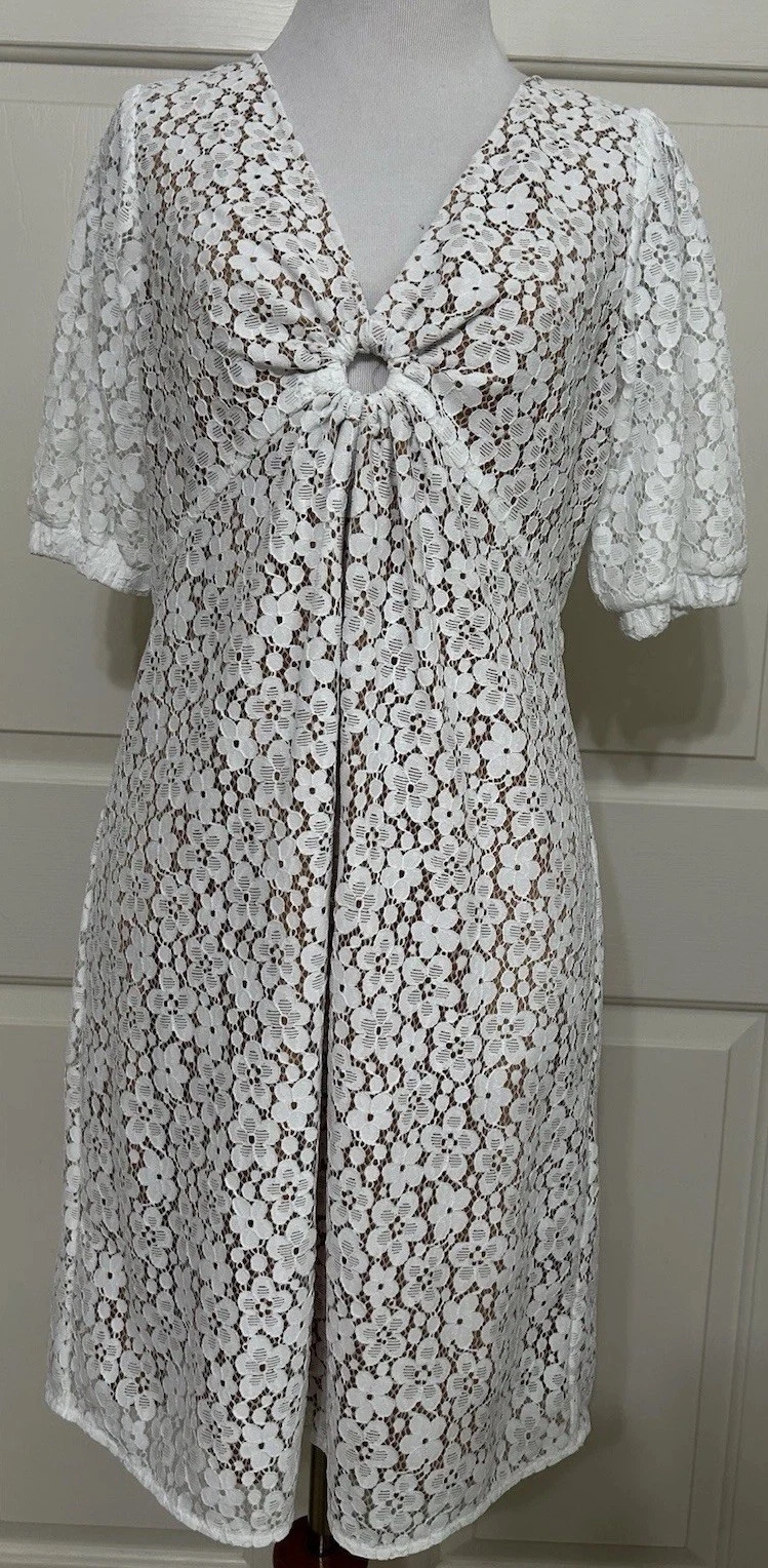 Abito donna Michael Kors taglia 8 bianco scollo a V manica corta linea A nuovo con etichette $195