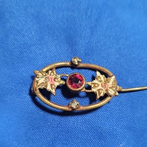 Vintage Oval Metal Hatpin Stick Pin w/ Red Stone & Leaf Design