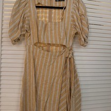 Zara S Yellow/White Striped Linen Square Neck Cutout Tie Puff Sleeve Midi