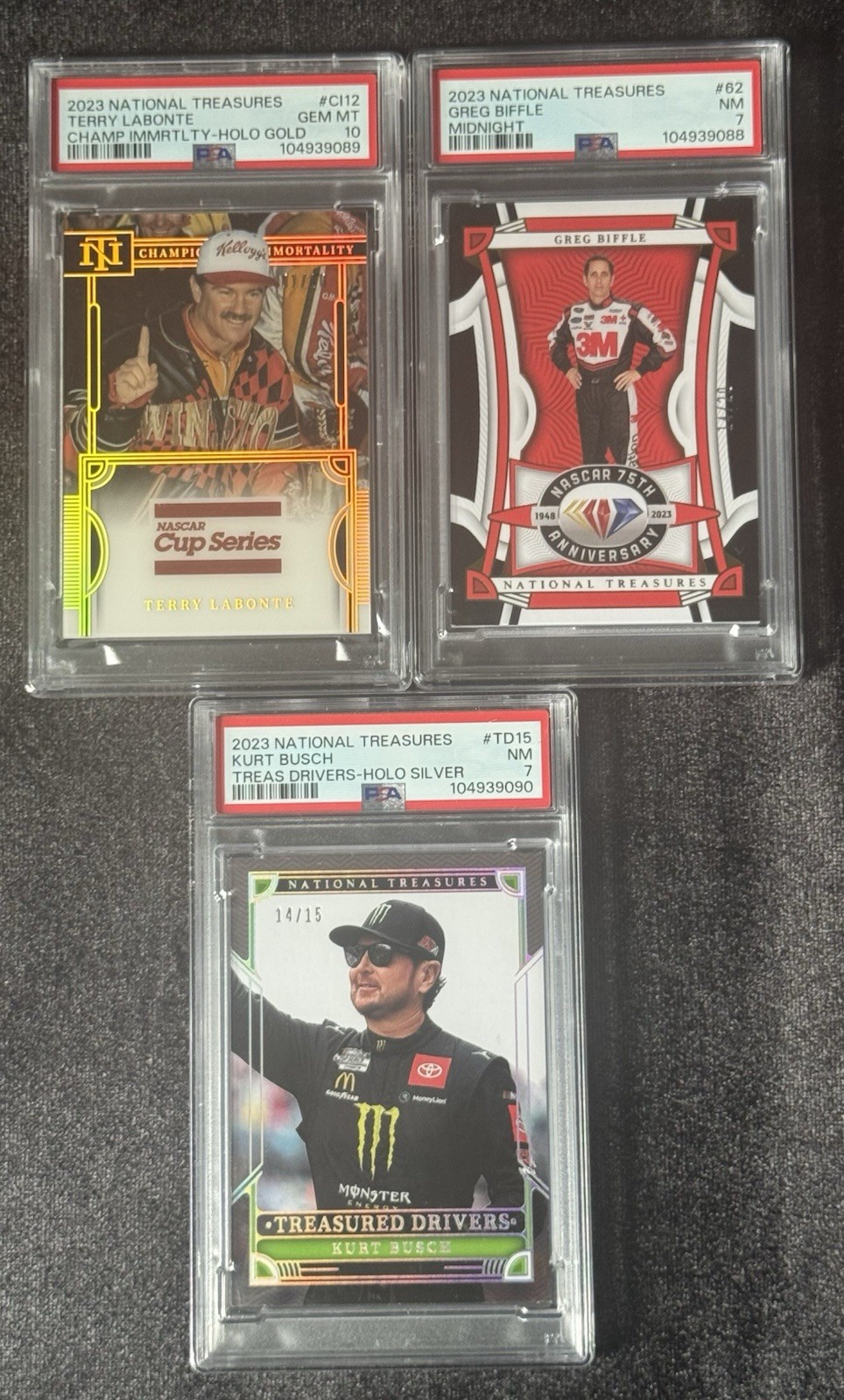 Panini 2023 National Treasures NASCAR 3-Card PSA Lot Labonte PSA10 /Biffle/Busch