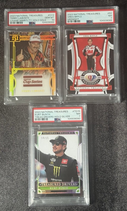 Panini 2023 National Treasures NASCAR 3-Card PSA Lot Labonte PSA10 /Biffle/Busch