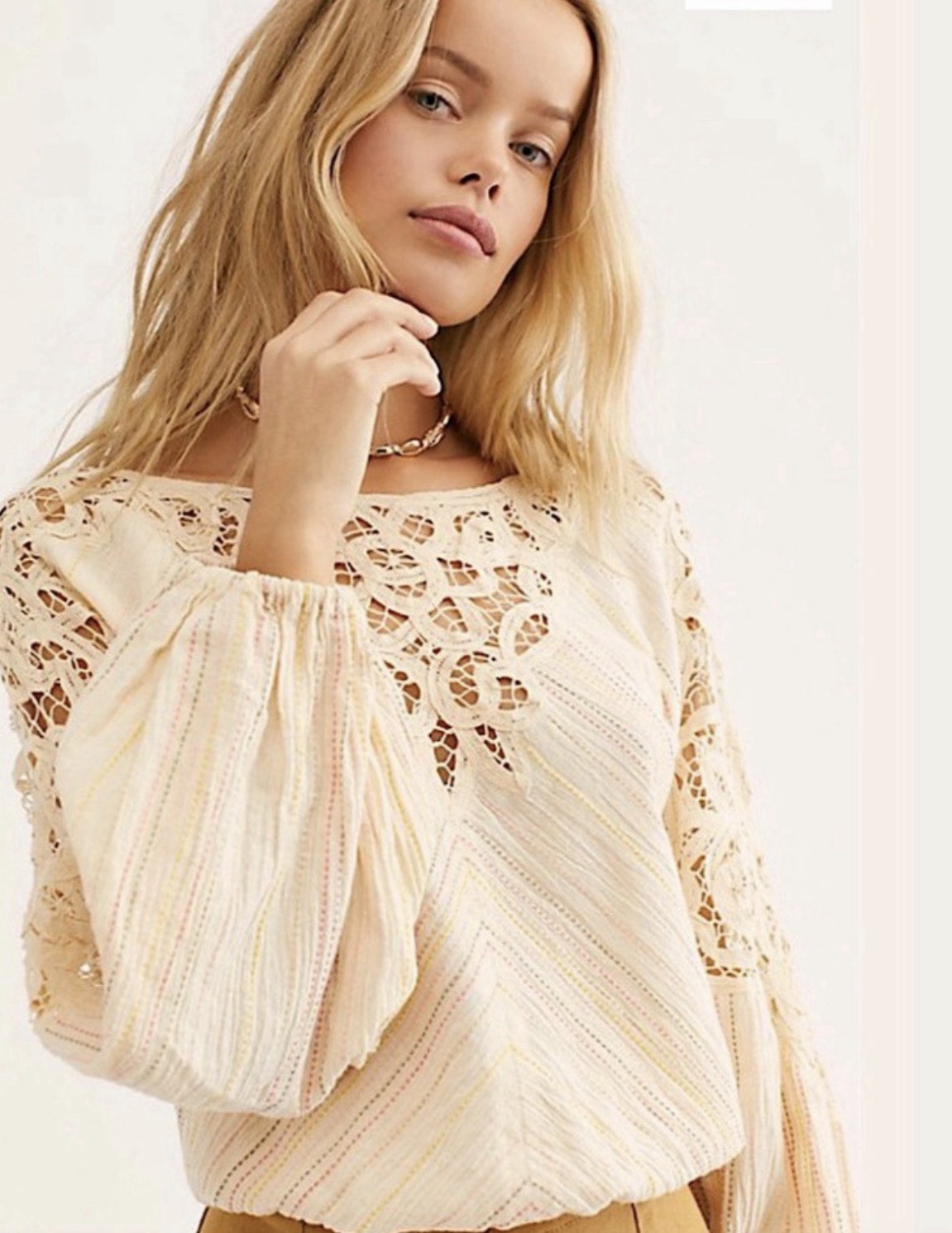 Free People Floating Memories Natural Top Blouse  Med $148 OB910838 Long Sleeve