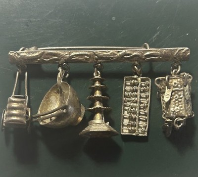 1930 s Silver Charm Brooch/Pin   Rickshaw, Bowl, Pagoda, Abacus & Lantern