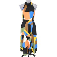 Tahari Dress Womens 4 Orange Black Maxi Mock Neck Tie Back Zip Lined Resort