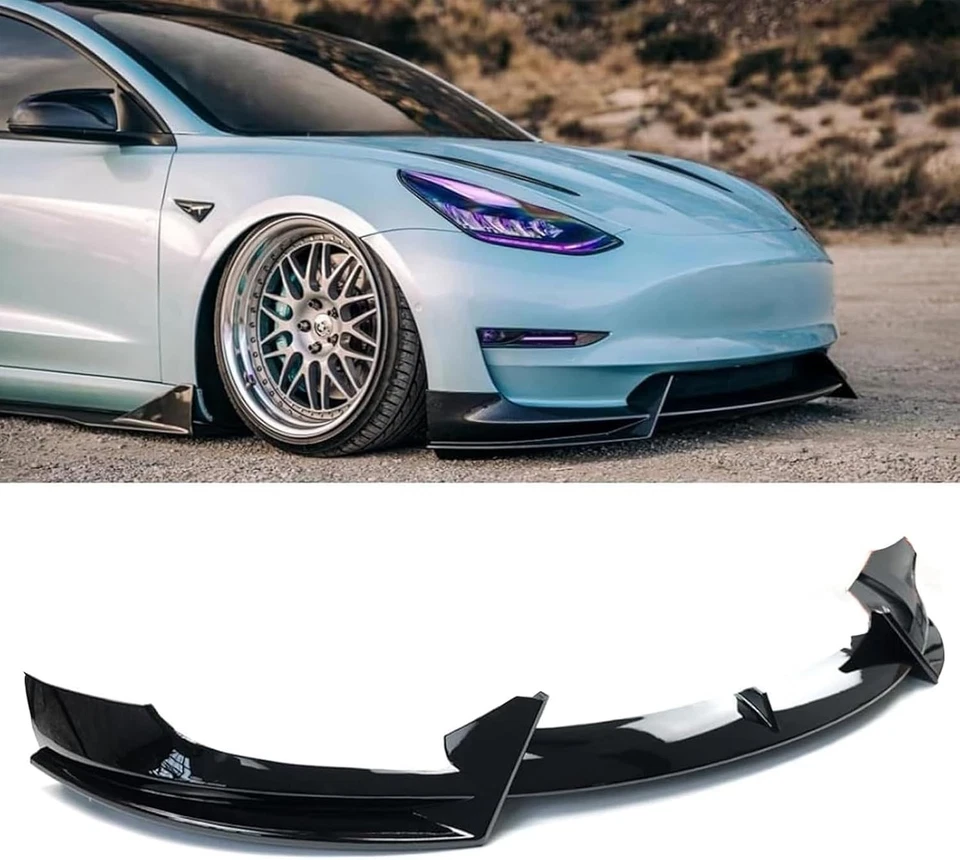 Front Bumper Lip Spoiler Splitter Glossy Black ABS For 2017-2023 Tesla Model 3 - Image 3 of 4