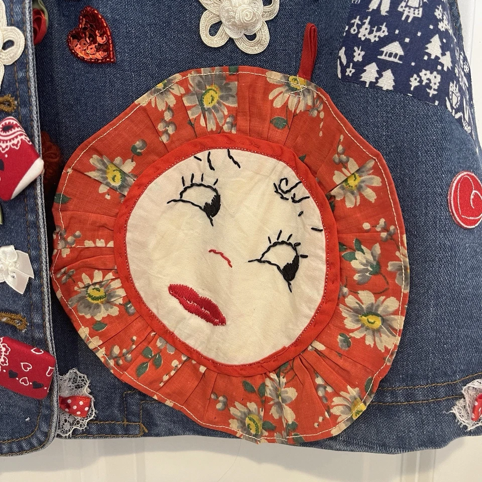 Chaleco Recortado Karen Kane Denim Parcheado Vintage Adornado a Mano Grande EE. UU. Foto 4 de 4