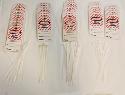 43 Master Lock Safety Lockout Tags 497A & 36 zip ties Laminated