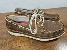 Chaps Men's Boat Shoes Size 8.5 Genuine Leather Brown Casual Slip On Lace Up