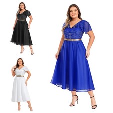 Women V Neck Ruffled Sleeve High Waist Sparkle Pleated A-Line Dress with Belt