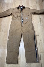 Carhartt Coveralls Mens 52 TALL Brown Duck Canvas Insulated Work Zip USA Cotton