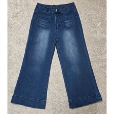 Unbranded Women Dark Wash Wide Leg Crop Jeans Front Patch Pockets Size Large407