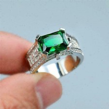 4Ct Emerald Cut Simulated Emerald Men's Engagement Ring 14K White Gold Plated